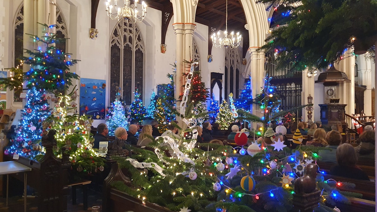 Church with Christmas trees
